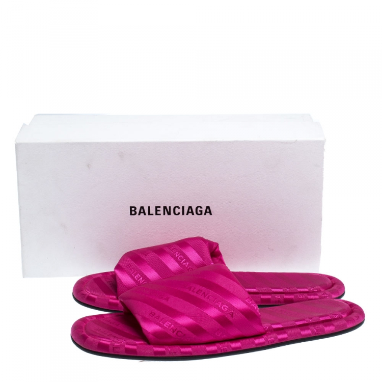 Pre Owned Balenciaga Pink Jacquard Fabric Hotel Flat Slide Sandals Size 39