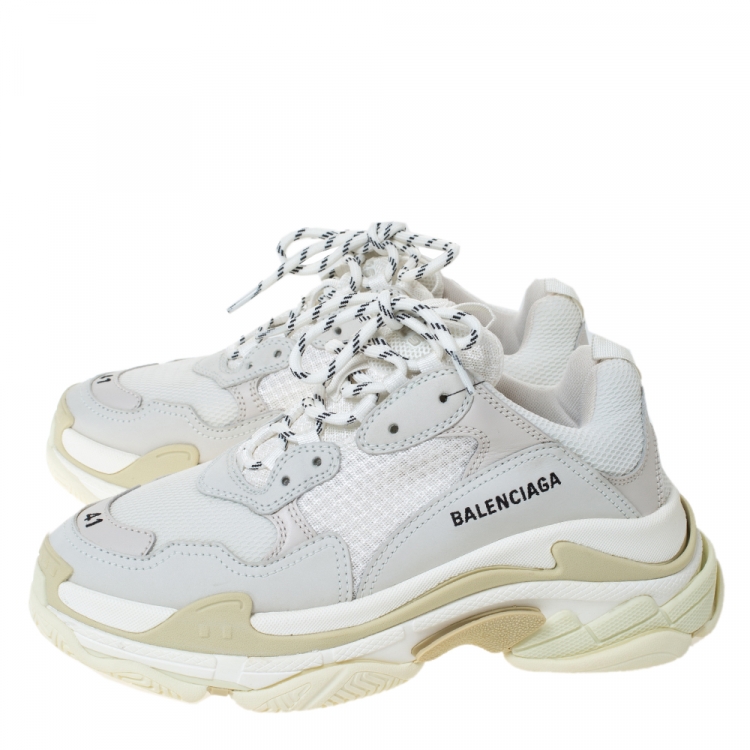 Pre Owned Balenciaga White Leather and Mesh Triple S Sneakers Size 41