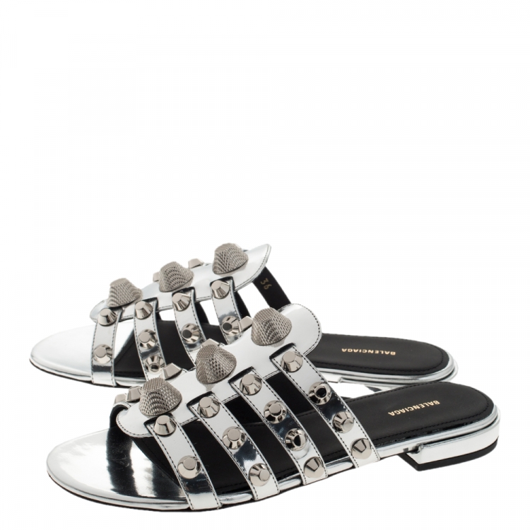 Pre Owned Balenciaga Metallic Silver Leather Arena Giant Studded Flat Slides Size 36