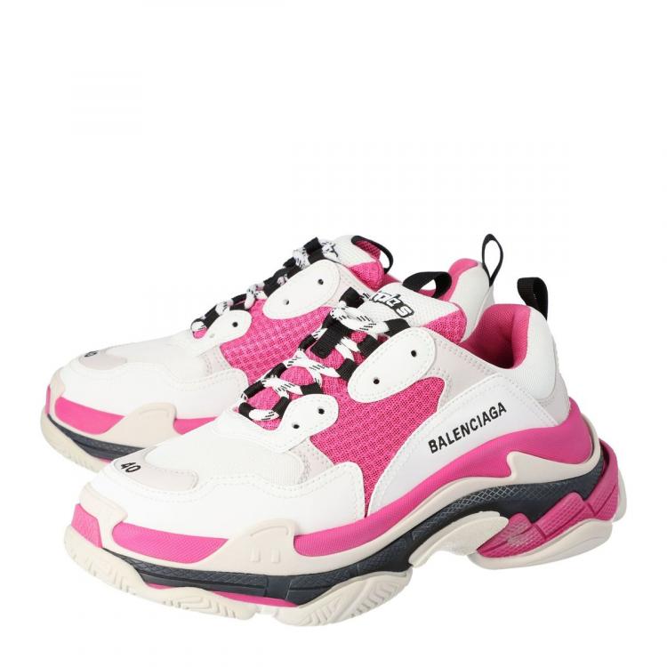Pre Owned Balenciaga White/Pink Leather and Mesh Triple S Platform Sneakers Size 36