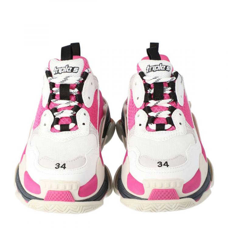 Pre Owned Balenciaga White/Pink Leather and Mesh Triple S Platform Sneakers Size 38