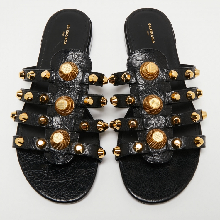 Pre Owned Balenciaga Black Leather Arena Studded Flat Sandals Size 41