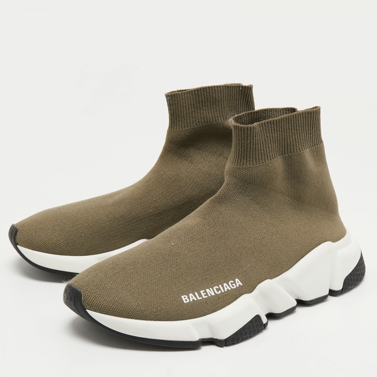 Pre Owned Balenciaga Green Knit Fabric Speed High Sneakers Size 37