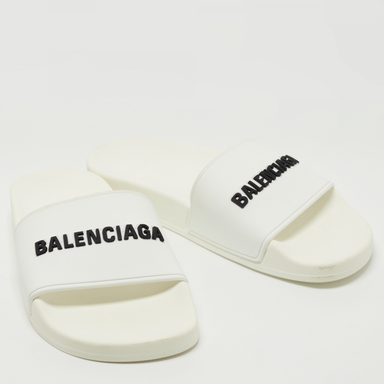 Pre Owned Balenciaga White Rubber Logo Slides Size 37