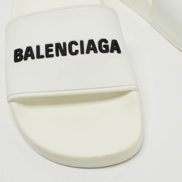Pre Owned Balenciaga White Rubber Logo Slides Size 37