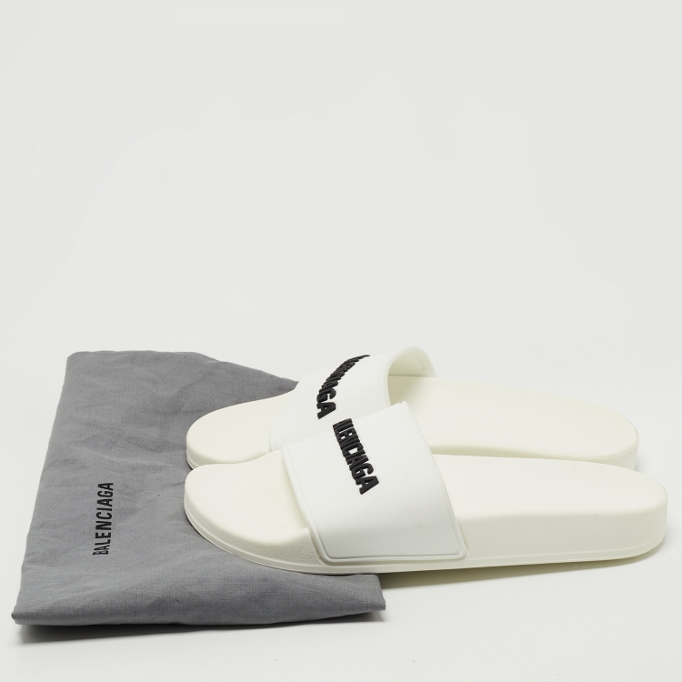 Pre Owned Balenciaga White Rubber Logo Slides Size 37