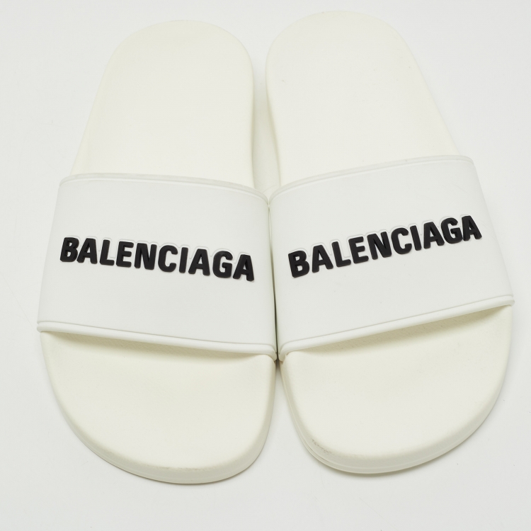Pre Owned Balenciaga White Rubber Logo Slides Size 37