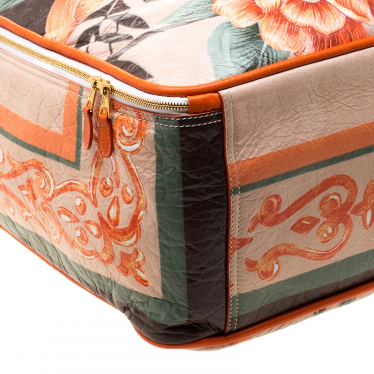Pre Owned Balenciaga Orange Floral Print Glazed Leather Blanket Bag