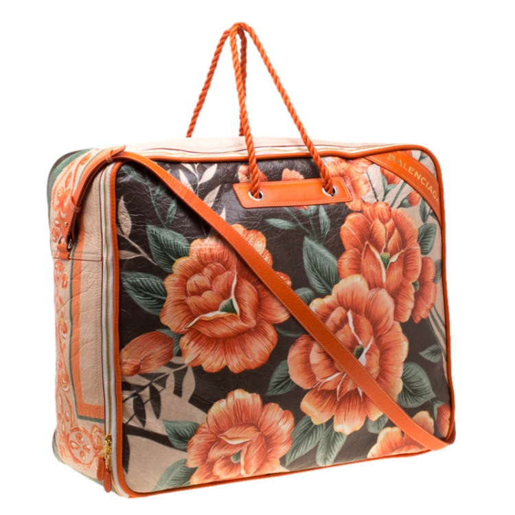 Pre Owned Balenciaga Orange Floral Print Glazed Leather Blanket Bag
