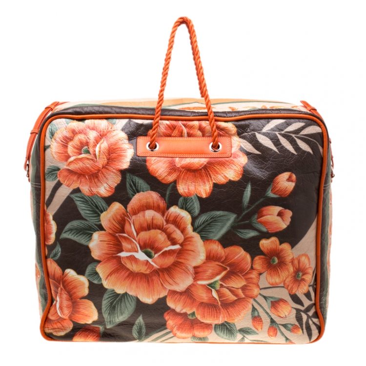 Pre Owned Balenciaga Orange Floral Print Glazed Leather Blanket Bag