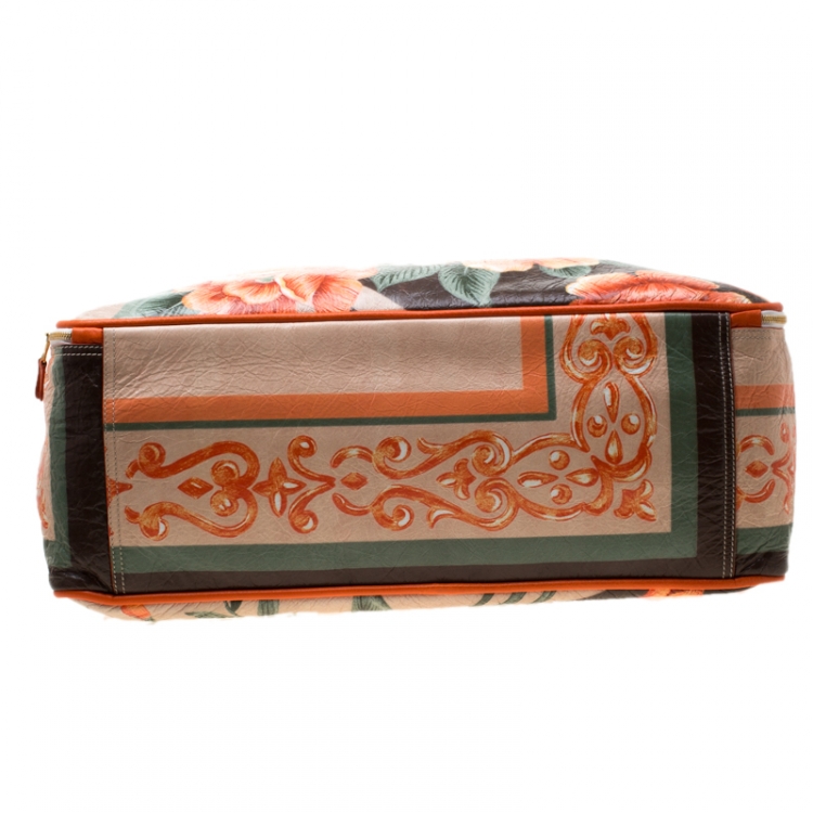 Pre Owned Balenciaga Orange Floral Print Glazed Leather Blanket Bag