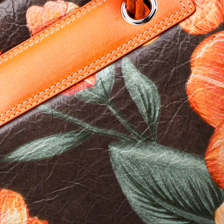 Pre Owned Balenciaga Orange Floral Print Glazed Leather Blanket Bag