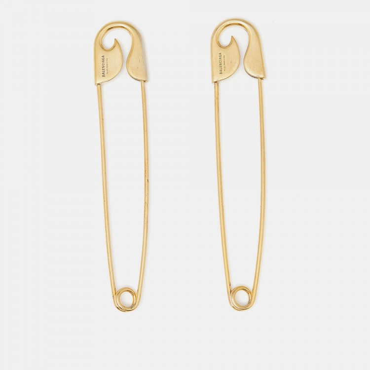 Pre Owned Balenciaga Gold Tone Sterling Silver Safety Pin Earrings