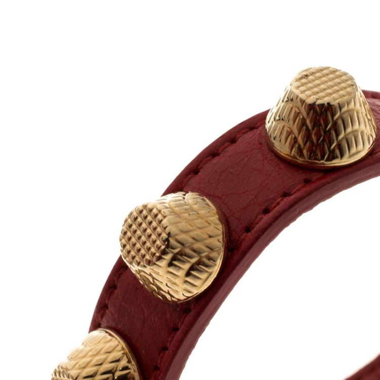 Pre Owned Balenciaga Arena Giant Red Leather Gold Tone Studded Bracelet M