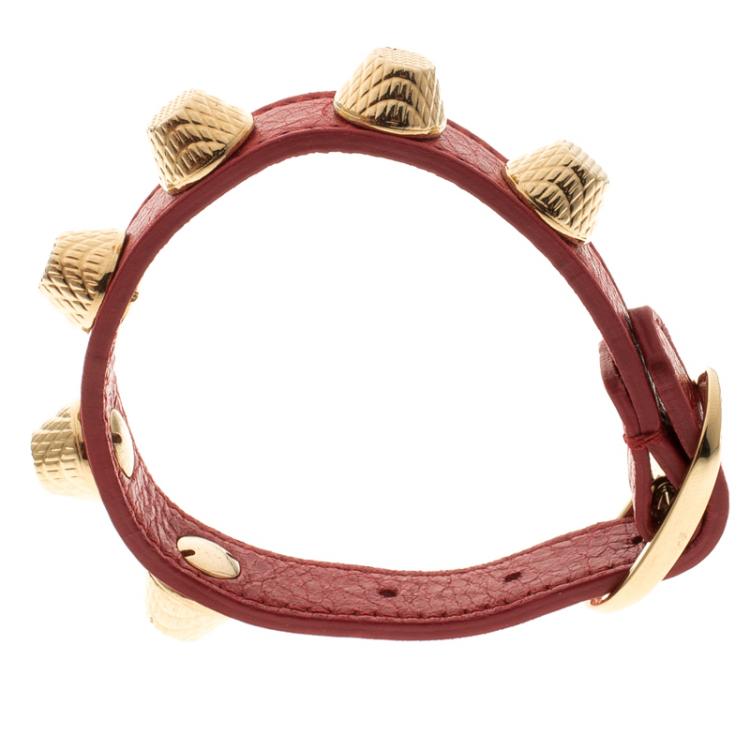 Pre Owned Balenciaga Arena Giant Red Leather Gold Tone Studded Bracelet M