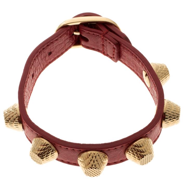 Pre Owned Balenciaga Arena Giant Red Leather Gold Tone Studded Bracelet M