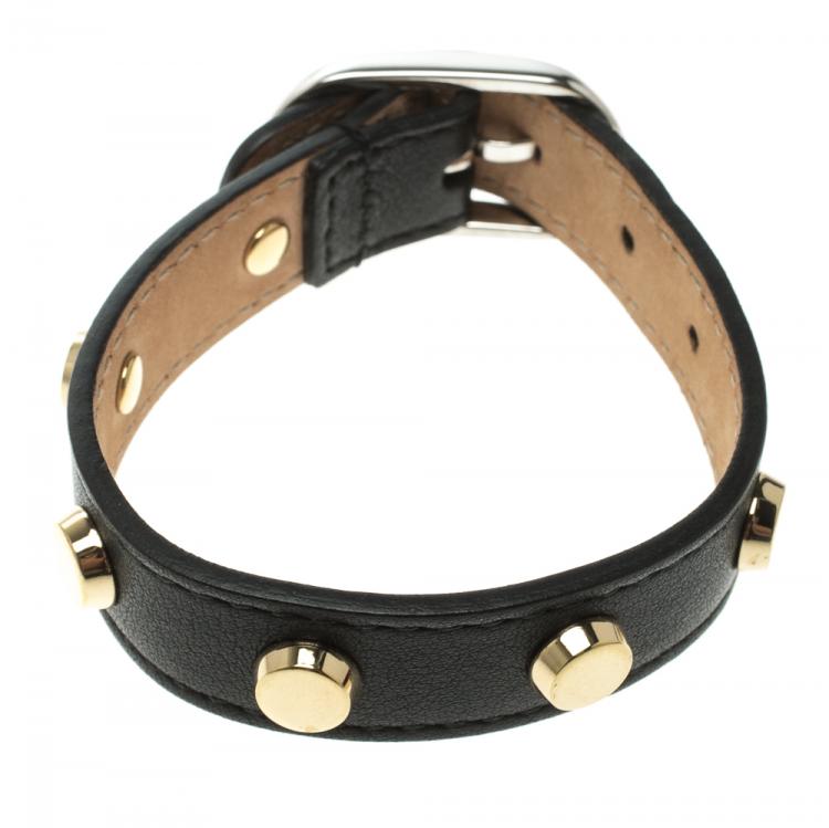 Pre Owned Balenciaga Gold Tone Studded Black Leather Bracelet M