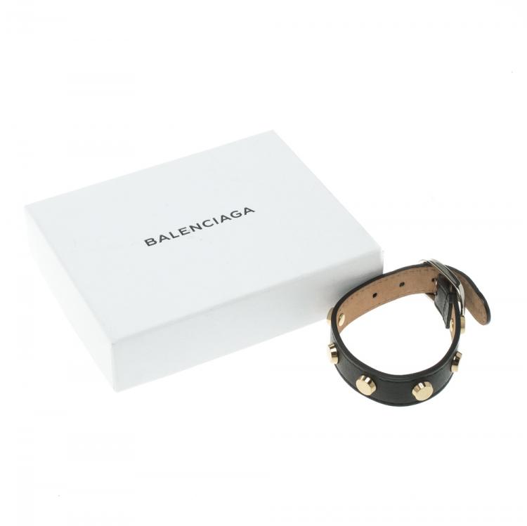 Pre Owned Balenciaga Gold Tone Studded Black Leather Bracelet M