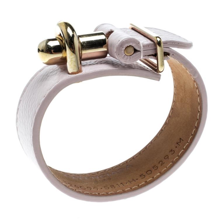 Pre Owned Balenciaga Light Pink Leather Gold Tone Tube Wide Bracelet 17cm