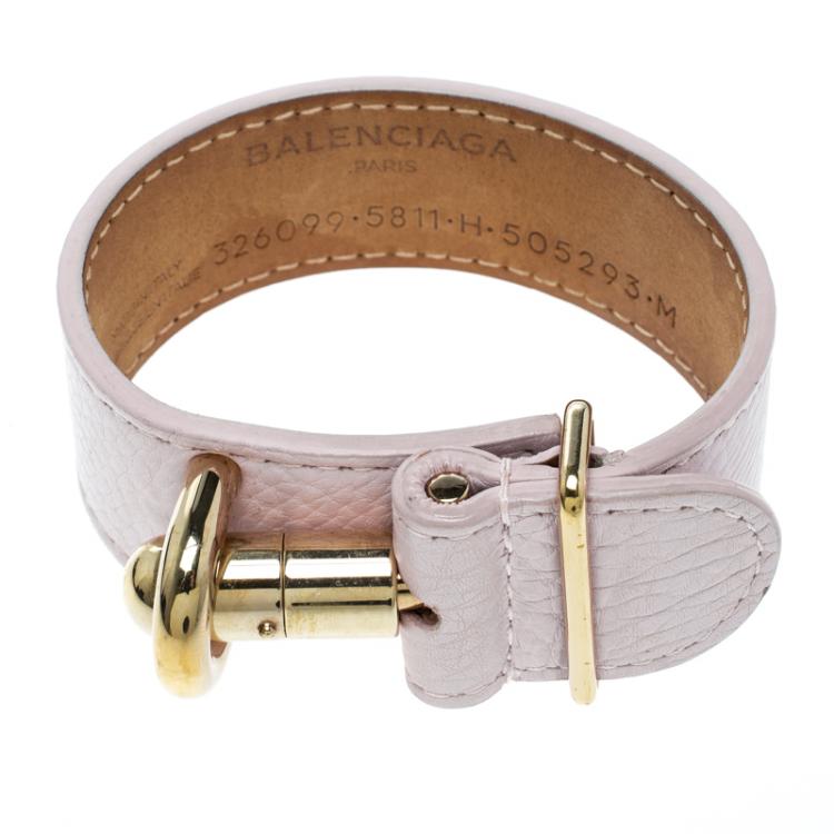 Pre Owned Balenciaga Light Pink Leather Gold Tone Tube Wide Bracelet 17cm