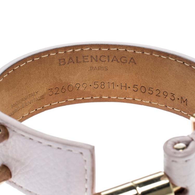 Pre Owned Balenciaga Light Pink Leather Gold Tone Tube Wide Bracelet 17cm