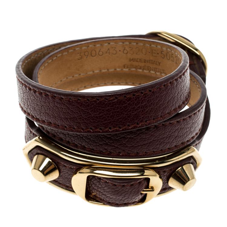 Pre Owned Balenciaga Ligne Classic Burgundy Leather Gold Tone Wrap Bracelet