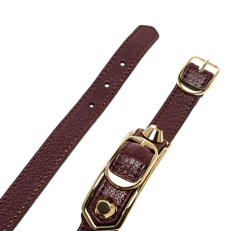 Pre Owned Balenciaga Ligne Classic Burgundy Leather Gold Tone Wrap Bracelet