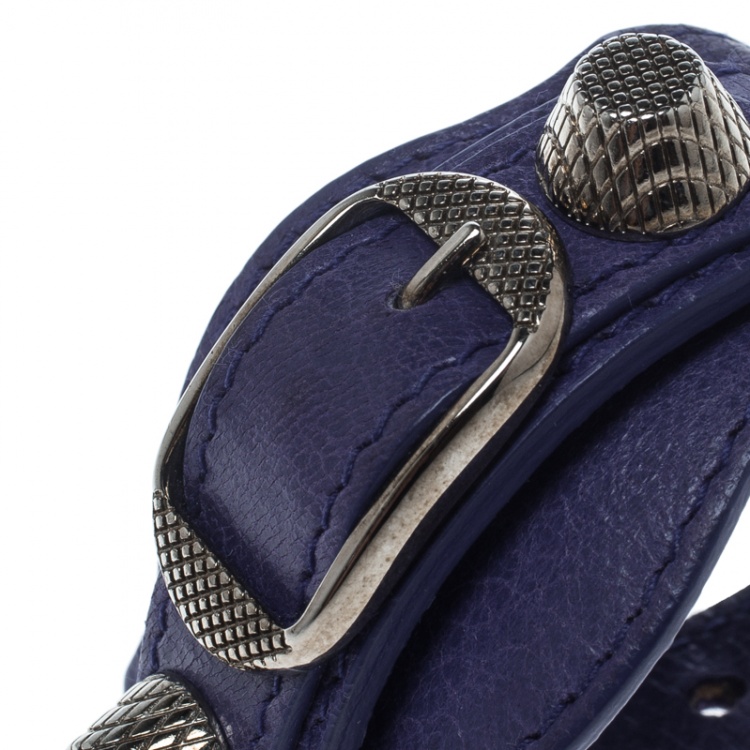 Pre Owned Balenciaga Purple Leather Arena Giant Studded Silver Tone Bracelet 