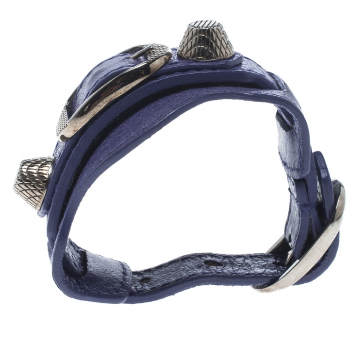 Pre Owned Balenciaga Purple Leather Arena Giant Studded Silver Tone Bracelet 