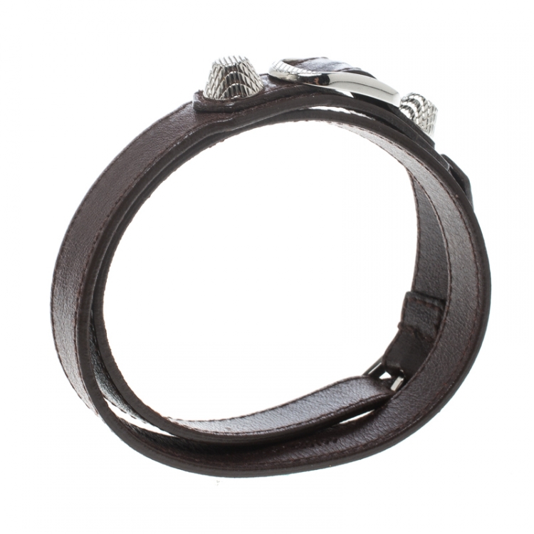 Pre Owned Balenciaga Arena Brown Leather Silver Tone Wrap Bracelet 