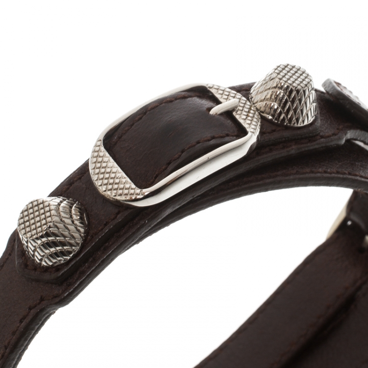 Pre Owned Balenciaga Arena Brown Leather Silver Tone Wrap Bracelet 