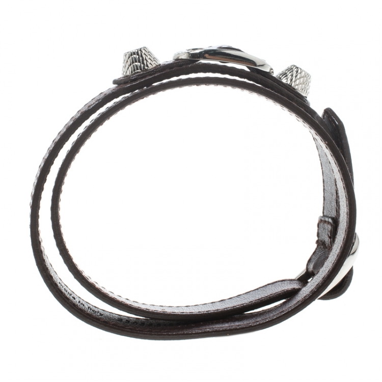Pre Owned Balenciaga Arena Brown Leather Silver Tone Wrap Bracelet 