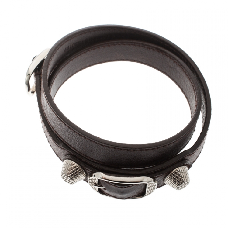 Pre Owned Balenciaga Arena Brown Leather Silver Tone Wrap Bracelet 