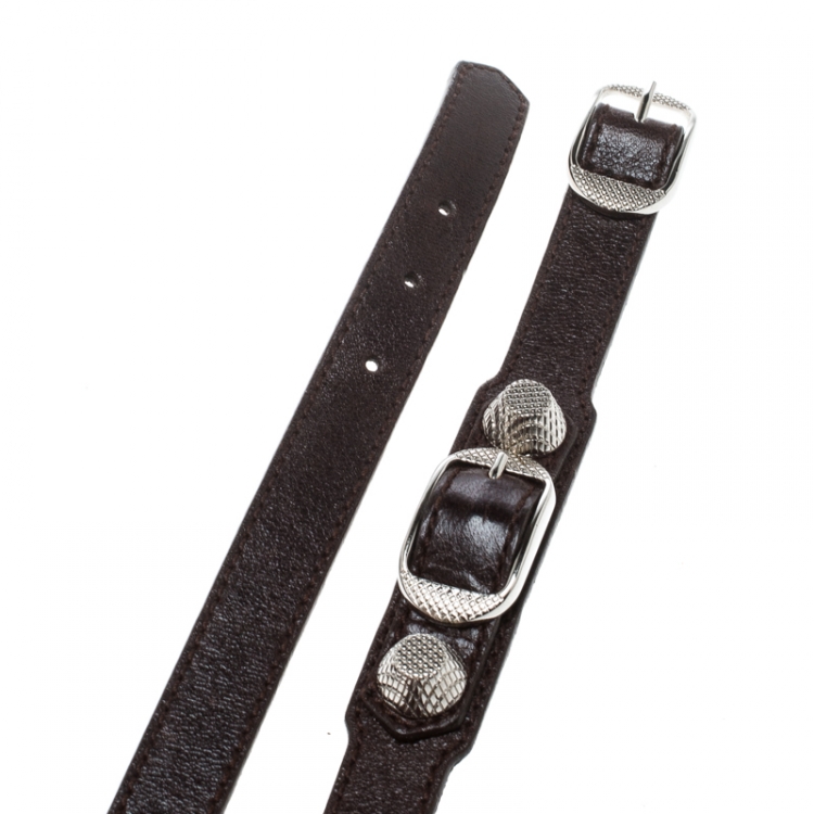 Pre Owned Balenciaga Arena Brown Leather Silver Tone Wrap Bracelet 