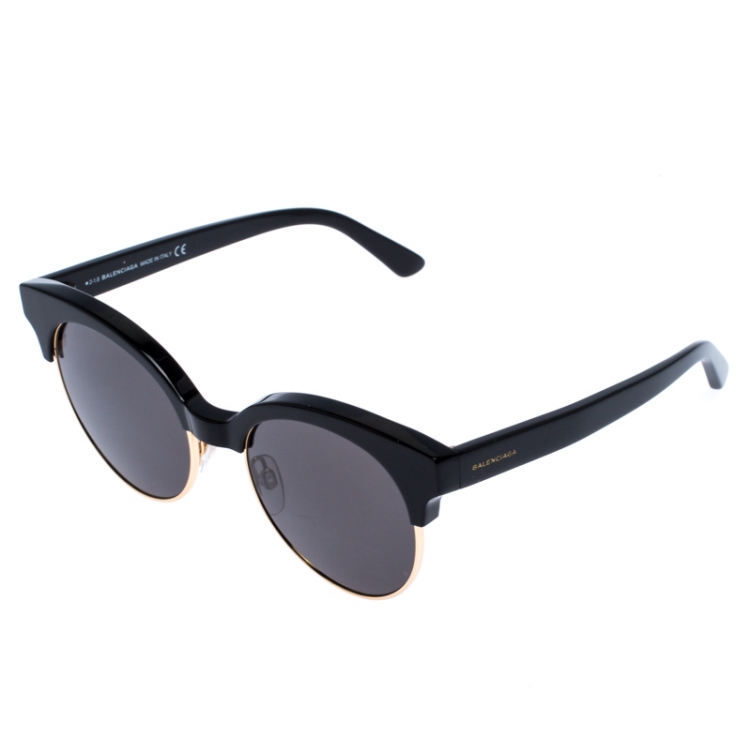Pre Owned Balenciaga Black/Gold BA 128 Half Rim Round Sunglasses
