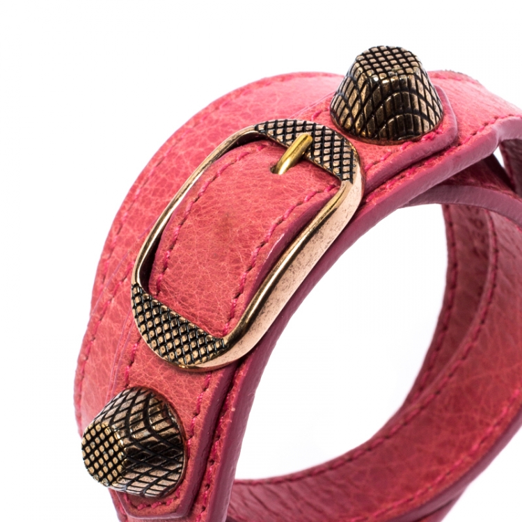 Pre Owned Balenciaga Arena Pink Leather Giant Triple Tour Bracelet M