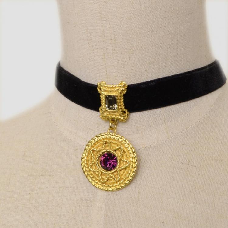 Pre Owned Balenciaga Purple Crystal Golden Necklace 