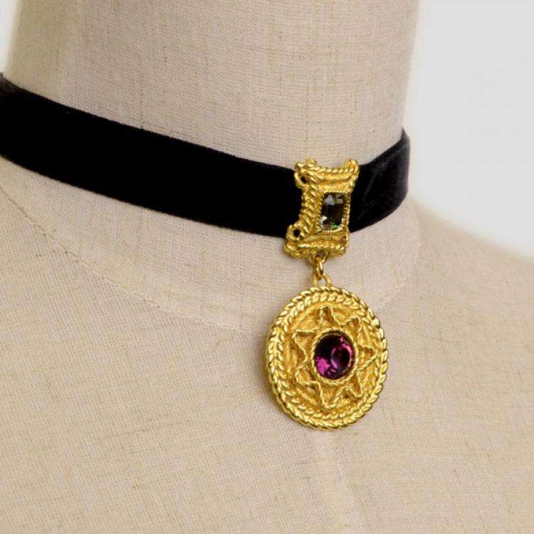 Pre Owned Balenciaga Purple Crystal Golden Necklace 