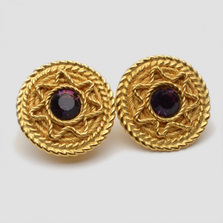 Pre Owned Balenciaga Purple Crystal Golden Earrings