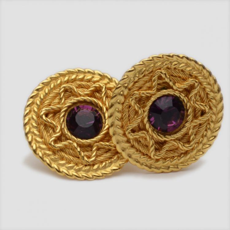 Pre Owned Balenciaga Purple Crystal Golden Earrings
