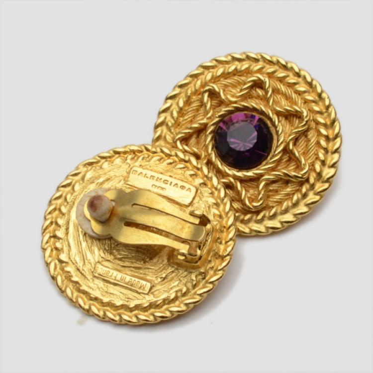 Pre Owned Balenciaga Purple Crystal Golden Earrings