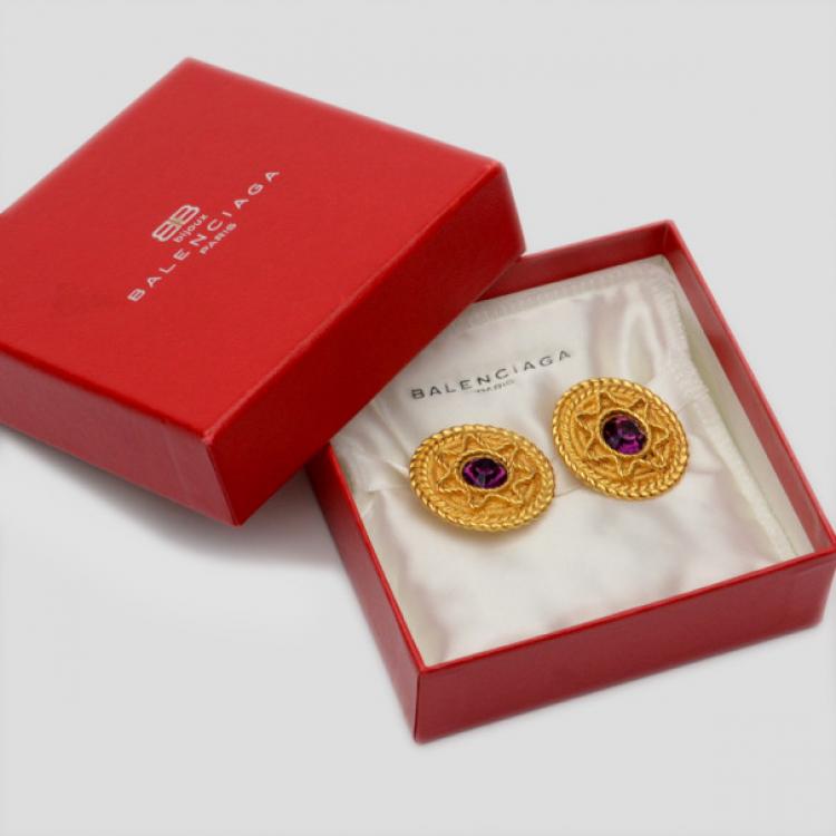 Pre Owned Balenciaga Purple Crystal Golden Earrings