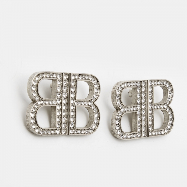 Pre Owned Balenciaga BB Crystals Silver Tone Earrings