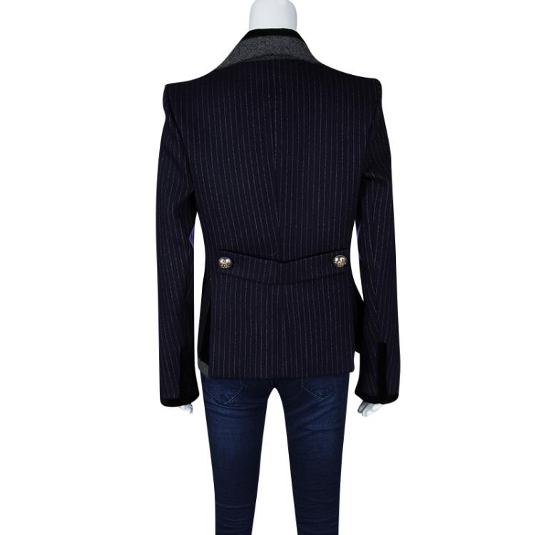 Pre Owned Balenciaga Navy Blue Pinstriped Wool Contrast Collar Tailored Blazer L