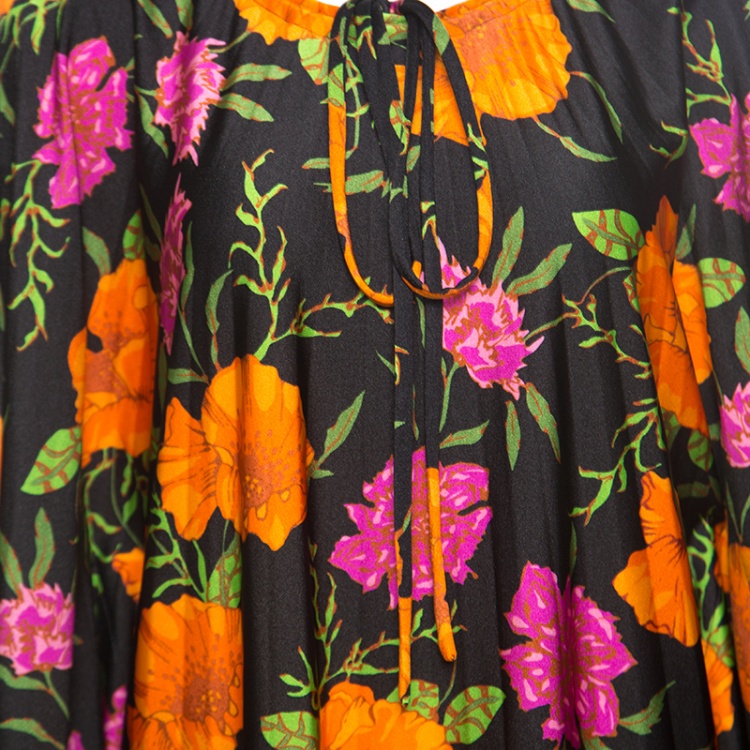 Pre Owned Balenciaga Black Floral Printed Neck Tie Detail Oversized Kaftan Dress S