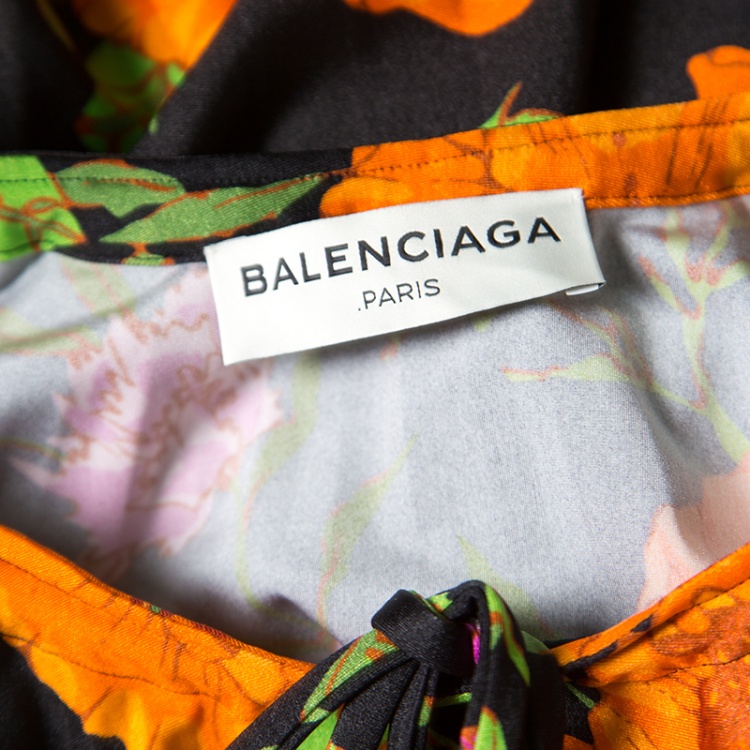 Pre Owned Balenciaga Black Floral Printed Neck Tie Detail Oversized Kaftan Dress S