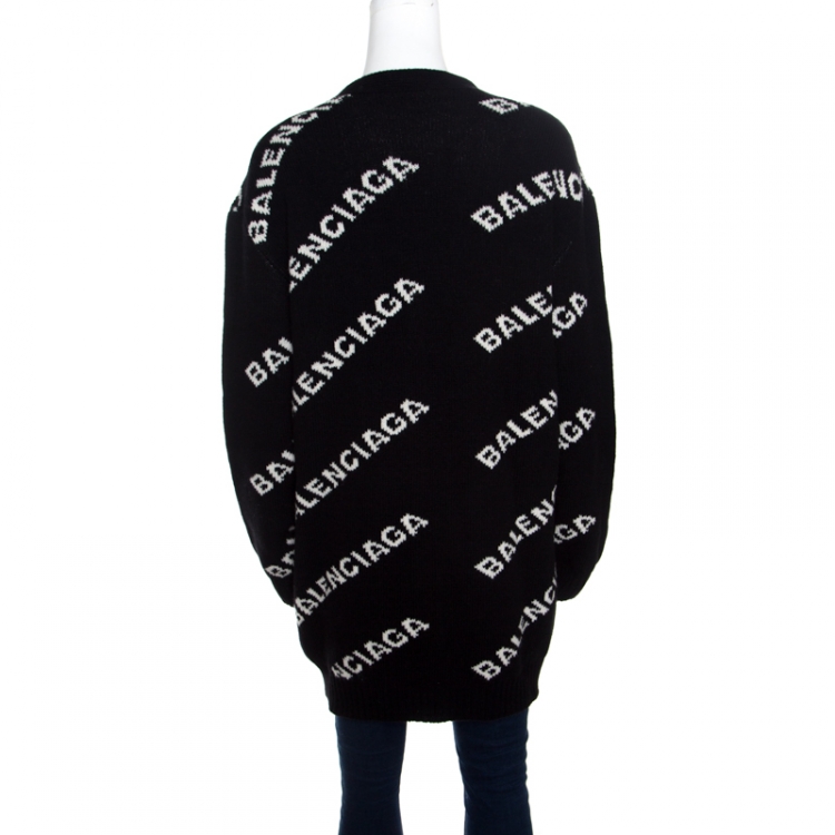 Pre Owned Balenciaga Monochrome Logo Jacquard Knit Long Archetype Cardigan M