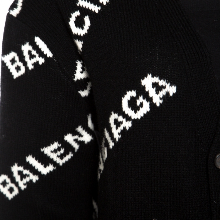 Pre Owned Balenciaga Monochrome Logo Jacquard Knit Long Archetype Cardigan M