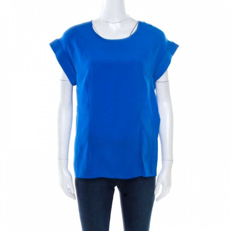 Pre Owned Balenciaga Blue Contrast Criss Cross Velvet Overlay Top L