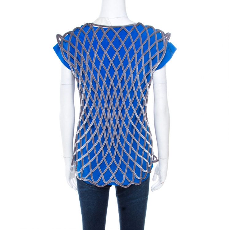 Pre Owned Balenciaga Blue Contrast Criss Cross Velvet Overlay Top L